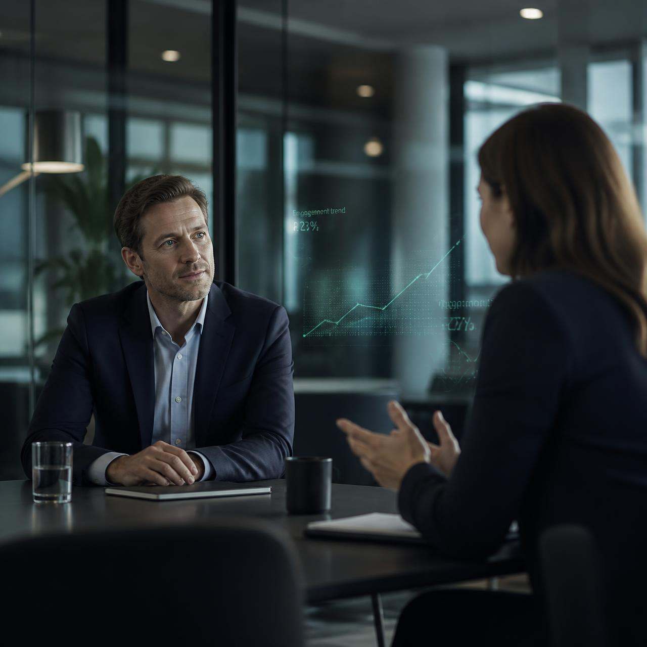 Two sales professionals in conversation with subtle buyer signal overlays