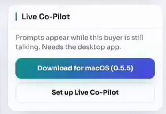 The Live Co-Pilot card in a PitchGenius sample opportunity, reading that prompts appear while the buyer is still talking and that it needs the desktop app, with a download button and a set-up button.