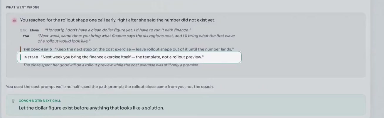 A PitchGenius post-call write-up of a sample call, cropped to the moment the rep reached for a rollout shape too early, what the coach said at the time, the line to say instead and the coach note for the next call.